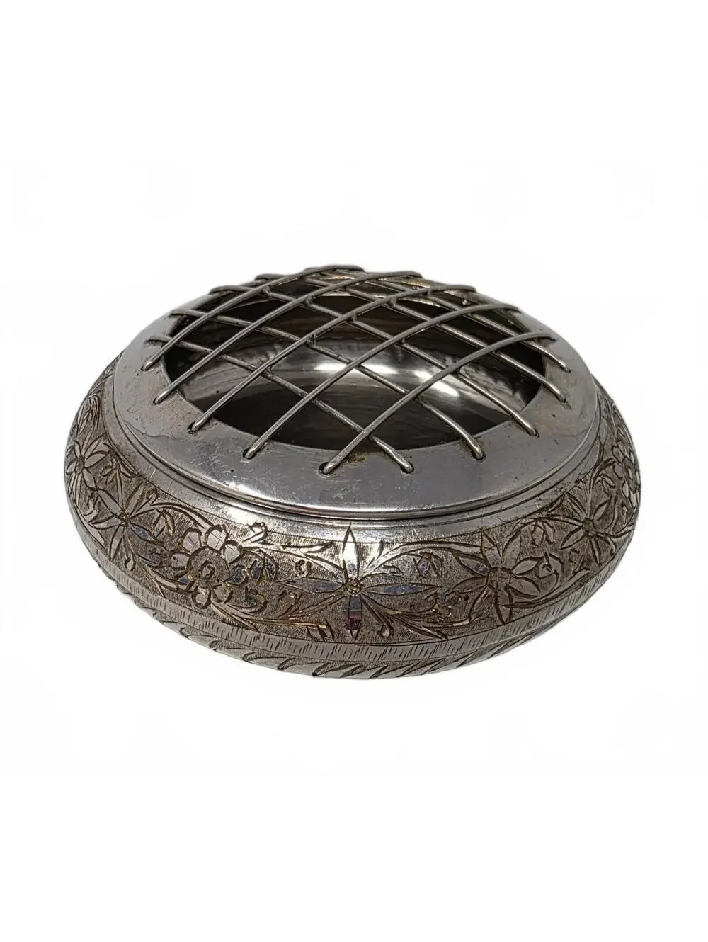 Vintage Aftab India Silverplate Flower Frog Bowl Engraved Floral Arranger